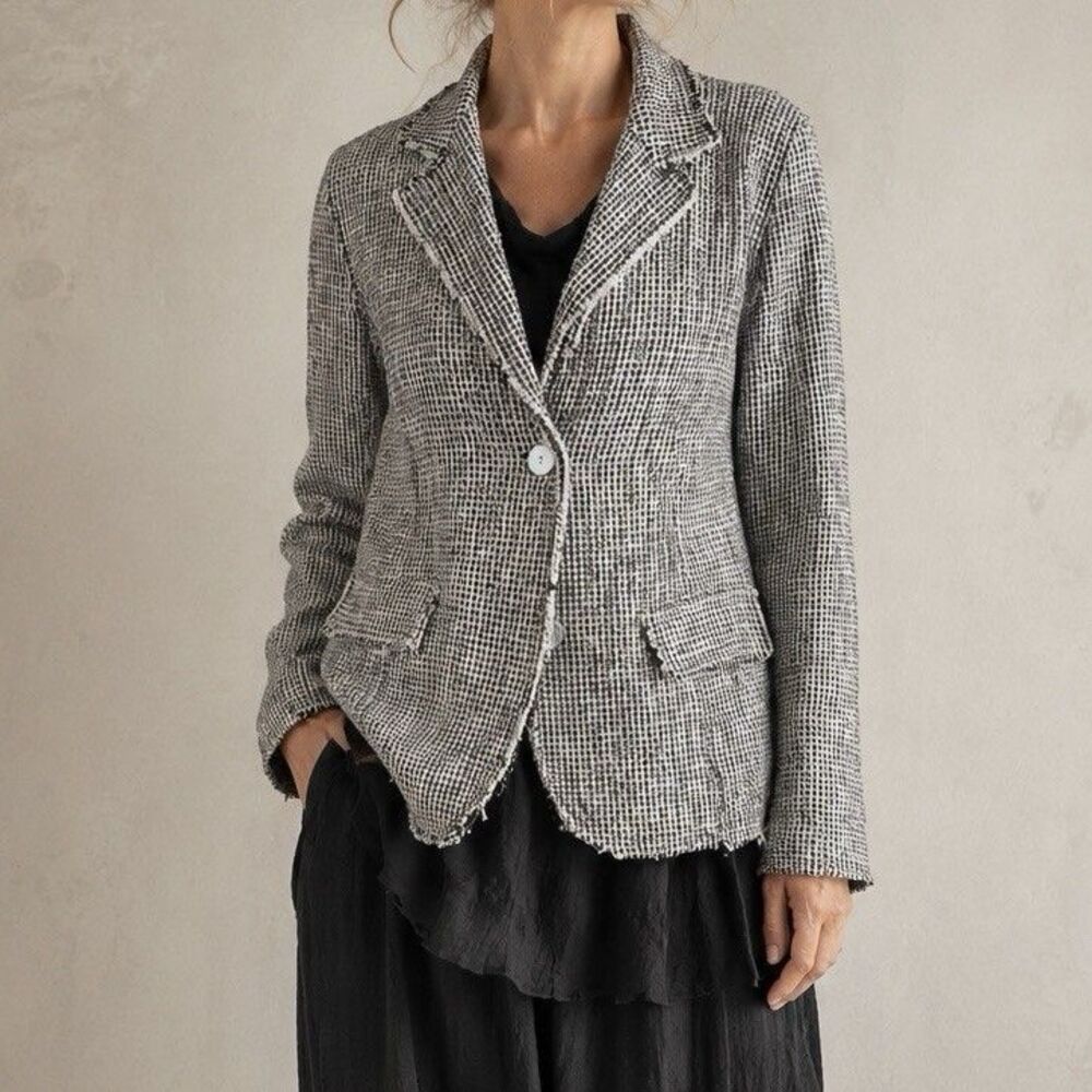 Tempo Paris Black White Tweed Blazer Jacket Womens S/M Single Button Made Italy